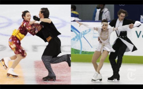 Cathy and Chris Reed competing for Japan (left). Allison Reed and Otar Japaridze represent Georgia with a routine based on the country's folk dancing (right).